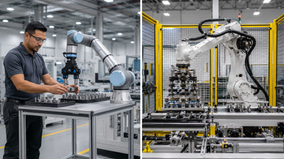 Side-by-side comparison of industrial robots vs collaborative robots cost, caging, and footprint.
