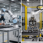 Side-by-side comparison of industrial robots vs collaborative robots cost, caging, and footprint.