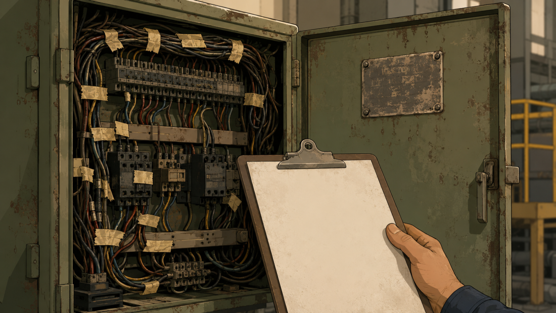 "legacy equipment integration" — an open industrial control panel with hand-labeled masking tape on faded wiring, an engineer's hand holding a blank clipboard where a wiring diagram should be, clean editorial-illustration style, no text overlay.