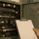 "legacy equipment integration" — an open industrial control panel with hand-labeled masking tape on faded wiring, an engineer's hand holding a blank clipboard where a wiring diagram should be, clean editorial-illustration style, no text overlay.