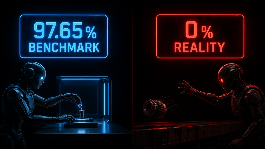 NVIDIA Isaac GR00T N1.7's headline number isn't the number that matters. A dark digital illustration showing a cracked glowing cyan trophy labeled "GR00T N1.7" next to a magenta neon sign reading "BENCHMARK vs REALITY" with a robot silhouette missing an industrial grasp, set against a pitch-black cyberpunk background.