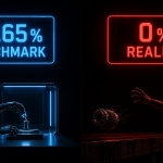NVIDIA Isaac GR00T N1.7's headline number isn't the number that matters. A dark digital illustration showing a cracked glowing cyan trophy labeled "GR00T N1.7" next to a magenta neon sign reading "BENCHMARK vs REALITY" with a robot silhouette missing an industrial grasp, set against a pitch-black cyberpunk background.