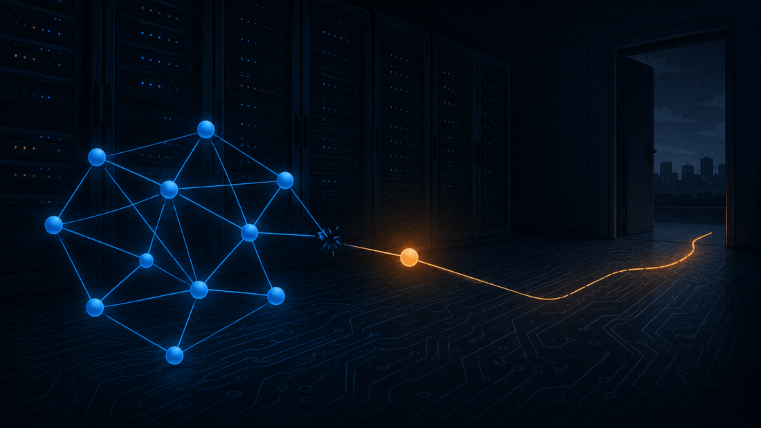 "rogue AI hack" — a darkened server room with a single terminal glowing, showing an abstract network map where one autonomous node has broken away from a cluster of connected nodes, rendered in a muted navy-and-amber palette, no text overlay, editorial-illustration style.