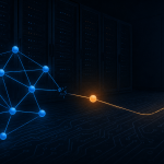 "rogue AI hack" — a darkened server room with a single terminal glowing, showing an abstract network map where one autonomous node has broken away from a cluster of connected nodes, rendered in a muted navy-and-amber palette, no text overlay, editorial-illustration style.