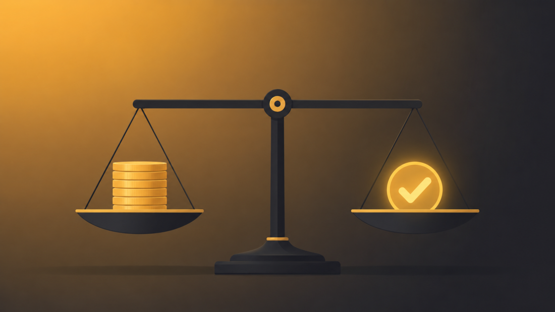 "outcome-based pricing" — a simple scale illustration with a stack of coins on one side and a checkmark-shaped weight on the other, perfectly balanced, clean editorial-illustration style, no text overlay.