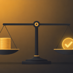 "outcome-based pricing" — a simple scale illustration with a stack of coins on one side and a checkmark-shaped weight on the other, perfectly balanced, clean editorial-illustration style, no text overlay.
