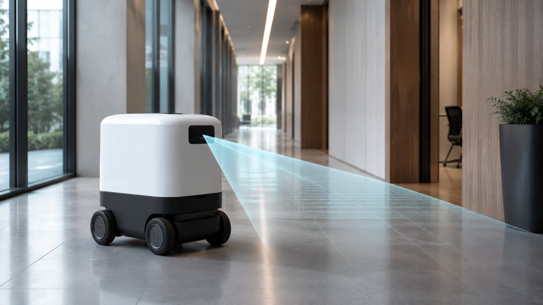 A sleek wheeled robot travels down a modern office corridor, viewed from a slight low angle. The robot has a single front-facing camera, with no visible LiDAR sensor or multi-camera array. A faint cyan wireframe cone projects from the camera to illustrate its field of view. The scene is overlaid with the headline, "Robostral Navigate just questioned why robots need LiDAR at all." Soft daylight, warm wood accents, and a shallow depth of field create a clean, editorial technology aesthetic.