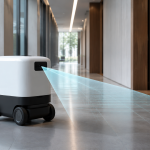 A sleek wheeled robot travels down a modern office corridor, viewed from a slight low angle. The robot has a single front-facing camera, with no visible LiDAR sensor or multi-camera array. A faint cyan wireframe cone projects from the camera to illustrate its field of view. The scene is overlaid with the headline, "Robostral Navigate just questioned why robots need LiDAR at all." Soft daylight, warm wood accents, and a shallow depth of field create a clean, editorial technology aesthetic.