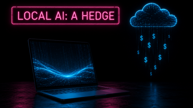 Running Qwen3.6 and MCP locally as a hedge against cloud costs. A dark cyberpunk scene with a glowing neon sign reading "LOCAL AI: A HEDGE" above a sleek laptop, with dollar signs ($) falling away from a translucent cloud icon, set against a minimalist pitch-black background with electric magenta and cyan highlights.