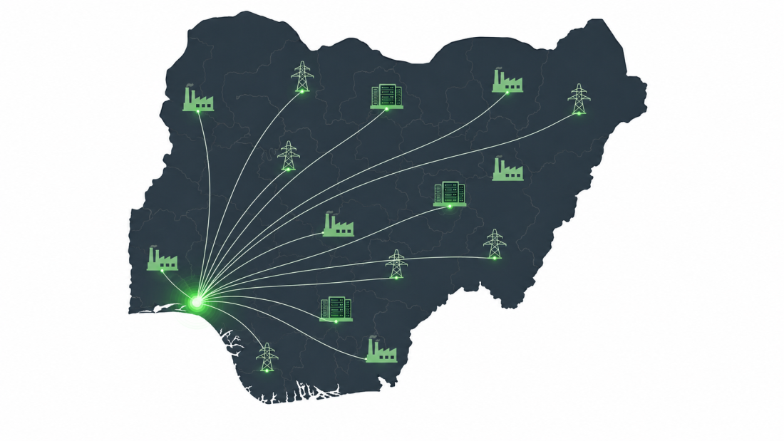 "industrial tech market" — a stylized map of Nigeria with glowing network nodes radiating outward from Lagos, connecting to small factory and grid icons, clean editorial-illustration style, no text overlay.