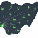"industrial tech market" — a stylized map of Nigeria with glowing network nodes radiating outward from Lagos, connecting to small factory and grid icons, clean editorial-illustration style, no text overlay.
