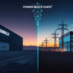 TeraWulf Anthropic deal proves power beats chips—a massive data center campus converting power into AI compute, with electric cyan data streams and burnt orange power lines converging on the facility.