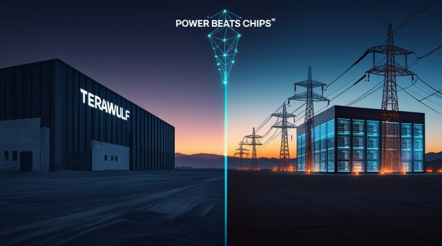 TeraWulf Anthropic deal proves power beats chips—a massive data center campus converting power into AI compute, with electric cyan data streams and burnt orange power lines converging on the facility.