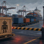 "import ban" — a shipping-port customs scene, a crate stamped with a humanoid-robot silhouette held behind a lowered inspection gate while other crates roll past unchecked, clean editorial-illustration style, no text overlay.