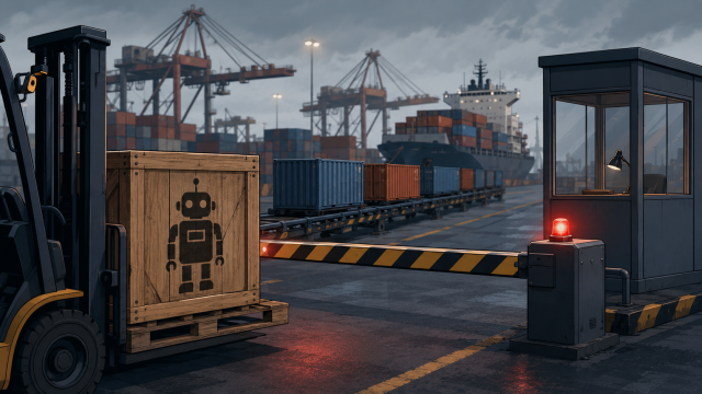 "import ban" — a shipping-port customs scene, a crate stamped with a humanoid-robot silhouette held behind a lowered inspection gate while other crates roll past unchecked, clean editorial-illustration style, no text overlay.