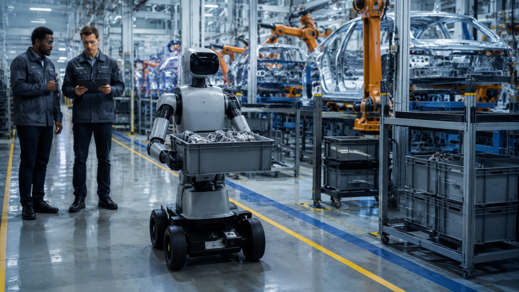 A wheeled humanoid robot transports a bin of industrial components through a modern automotive factory along clearly marked production lanes. Two engineers observe the robot's autonomous operation while robotic arms assemble vehicle bodies and conveyor systems move materials in the background. The clean manufacturing environment features blue and gray industrial tones, realistic lighting, and emphasizes practical warehouse automation and mobile robotics.