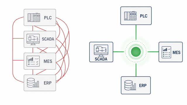 "unified namespace" — a factory floor diagram showing PLCs, SCADA, MES, and ERP boxes each connecting to a single glowing central data hub instead of to each other, rendered in a clean technical-illustration style, muted green-and-navy palette, no text overlay.