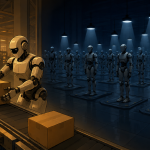 "industrial deployment" — a factory floor split scene, with one small illuminated corner showing a humanoid robot actively working a real production line, and a much larger, dimmer background filled with rows of identical robots sitting idle in a research lab setting, editorial-illustration style.