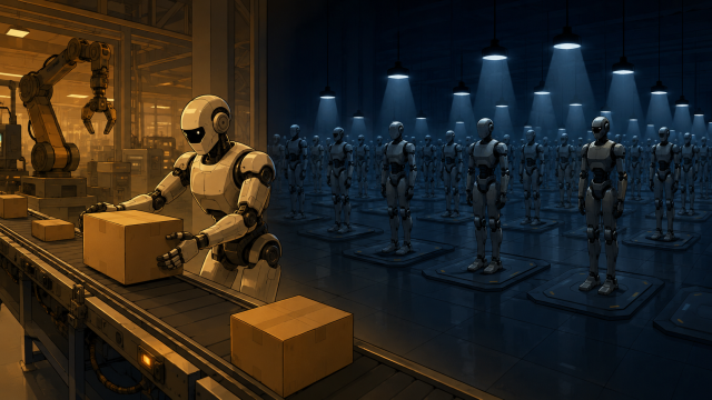 "industrial deployment" — a factory floor split scene, with one small illuminated corner showing a humanoid robot actively working a real production line, and a much larger, dimmer background filled with rows of identical robots sitting idle in a research lab setting, editorial-illustration style.