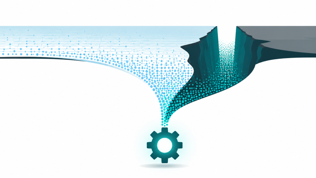 "vertical LLMs" — a split illustration showing a wide, shallow river labeled generically on one side, and a narrow, deep well on the other, both feeding into the same industrial gear system, clean editorial-illustration style, no text overlay.