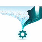 "vertical LLMs" — a split illustration showing a wide, shallow river labeled generically on one side, and a narrow, deep well on the other, both feeding into the same industrial gear system, clean editorial-illustration style, no text overlay.