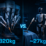 Surgie robot surgery really proves is a cost story, not a medical one—a compact Unitree G1 humanoid next to a massive da Vinci Surgical System
