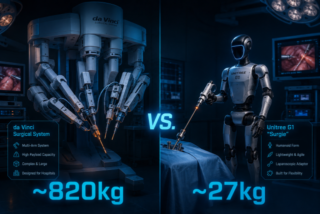 Surgie robot surgery really proves is a cost story, not a medical one—a compact Unitree G1 humanoid next to a massive da Vinci Surgical System