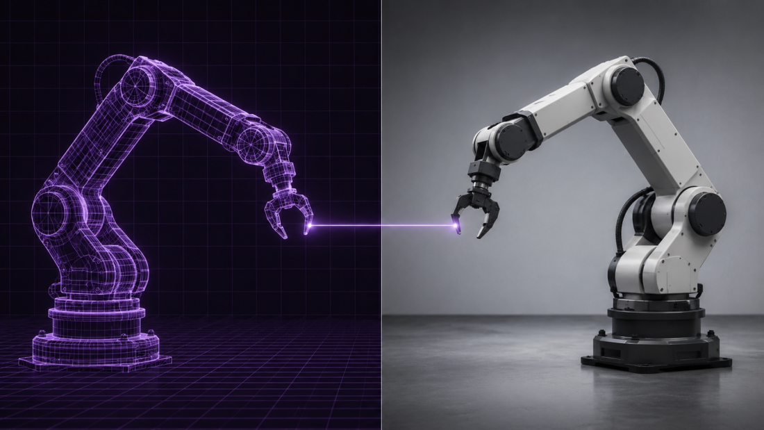 "sim-to-real" — a split-screen illustration showing an identical robotic arm task on one side rendered as a glowing simulated wireframe, and on the other as a solid physical robot performing the same motion, clean editorial-illustration style, no text overlay.