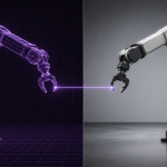 "sim-to-real" — a split-screen illustration showing an identical robotic arm task on one side rendered as a glowing simulated wireframe, and on the other as a solid physical robot performing the same motion, clean editorial-illustration style, no text overlay.
