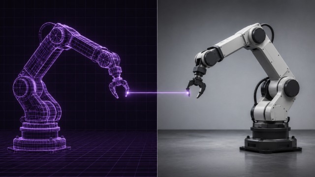 "sim-to-real" — a split-screen illustration showing an identical robotic arm task on one side rendered as a glowing simulated wireframe, and on the other as a solid physical robot performing the same motion, clean editorial-illustration style, no text overlay.