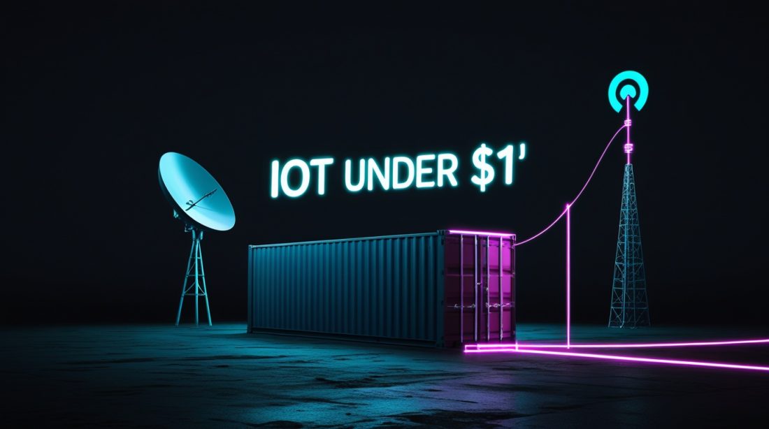 Hybrid satellite cellular IoT network under $1 per month. A dark cyberpunk scene showing a glowing cyan neon sign reading "IoT UNDER $1" floating above a single shipping container on an empty lot, with a satellite dish and cell tower connected by a single thin magenta data beam over a pitch-black background.