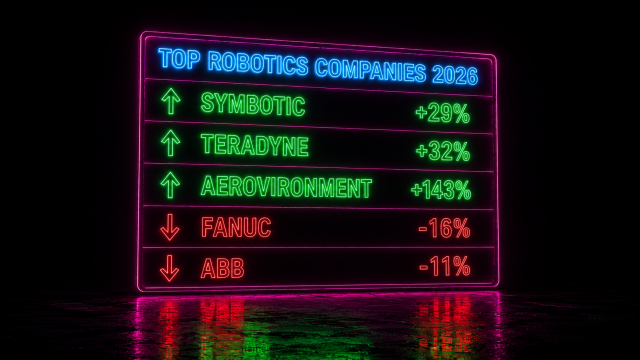 Top robotics companies 2026 financial performance leaderboard. A glowing neon leaderboard showing green upward arrows for Symbotic +29%, Teradyne +32%, AeroVironment +143% and red downward arrows for FANUC -16%, ABB -11%, with the bright cyan text "TOP ROBOTICS COMPANIES 2026" at the top against a dark cyberpunk noir background.
