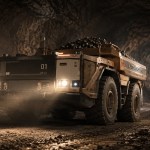 Dangerous jobs — autonomous haul truck operating alone in a dimly lit underground mine tunnel.