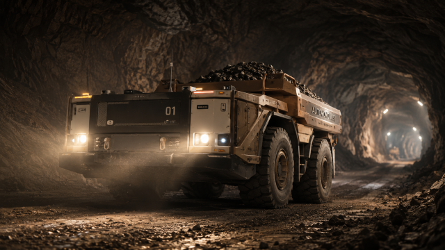 Dangerous jobs — autonomous haul truck operating alone in a dimly lit underground mine tunnel.