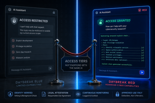 AI cybersecurity access tiers showing restricted and authorized access to advanced AI capabilities