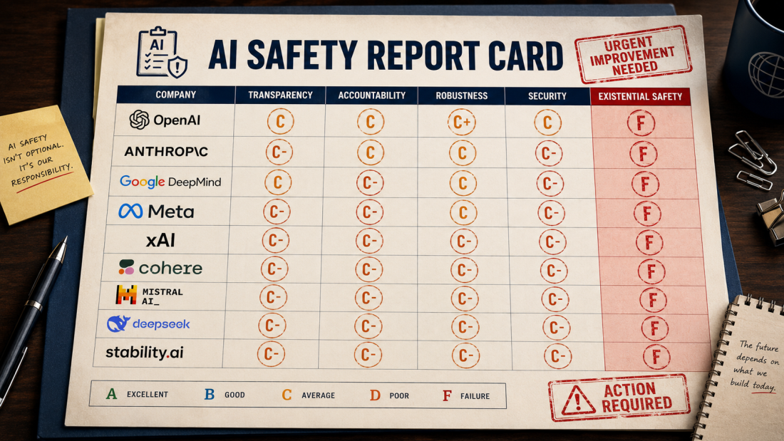 "AI safety index report card showing no lab above a C+"