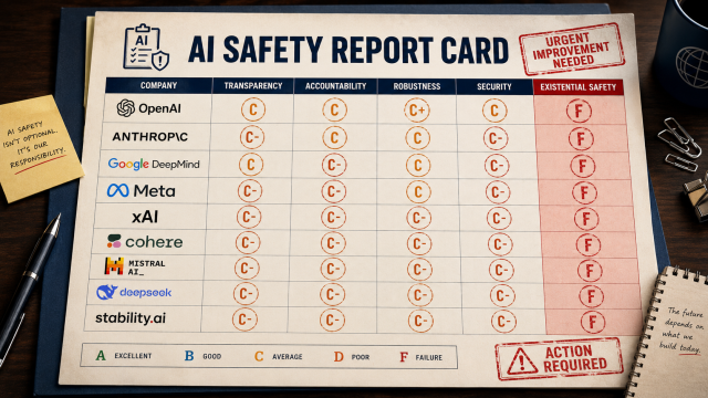 "AI safety index report card showing no lab above a C+"