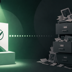 "device lifecycle management" — a factory-fresh product box in bright focus at launch, connected by a fading dotted line to a dim, overflowing filing cabinet representing years of unmanaged post-sale devices, clean editorial-illustration style, no text overlay.