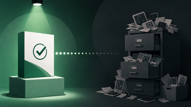 "device lifecycle management" — a factory-fresh product box in bright focus at launch, connected by a fading dotted line to a dim, overflowing filing cabinet representing years of unmanaged post-sale devices, clean editorial-illustration style, no text overlay.
