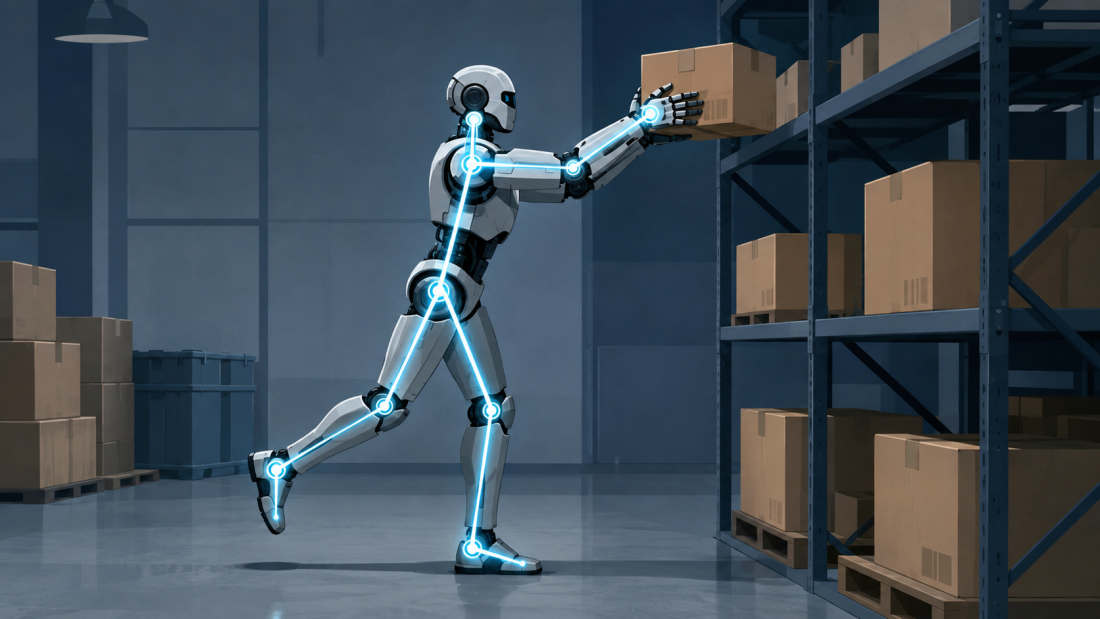 "whole-body control" — a humanoid robot mid-stride on a warehouse floor, faint motion-capture skeleton lines linking its feet, hips, and hands into one coordinated pose, clean editorial-illustration style, no text overlay.
