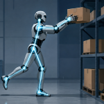 "whole-body control" — a humanoid robot mid-stride on a warehouse floor, faint motion-capture skeleton lines linking its feet, hips, and hands into one coordinated pose, clean editorial-illustration style, no text overlay.