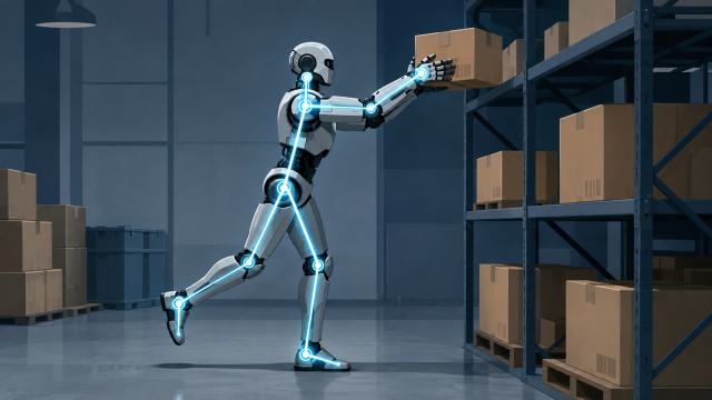 "whole-body control" — a humanoid robot mid-stride on a warehouse floor, faint motion-capture skeleton lines linking its feet, hips, and hands into one coordinated pose, clean editorial-illustration style, no text overlay.