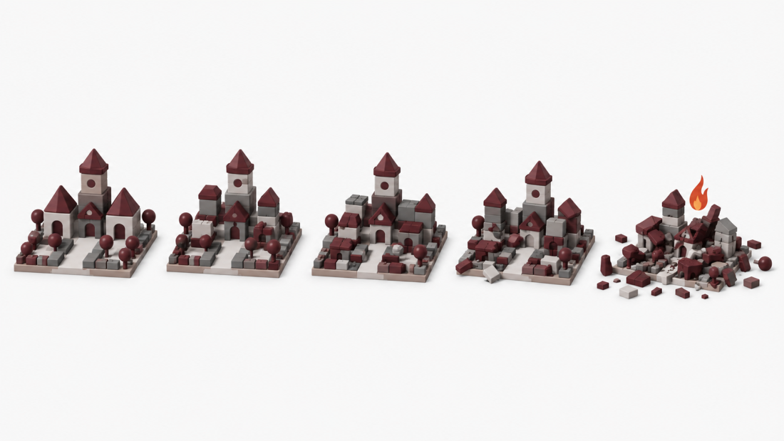 "societal collapse" — five identical small toy-block towns arranged in a row, four standing intact in varying states of order, one on the far right shown mid-collapse with blocks scattered and a small flame, clean editorial-illustration style, no text overlay.