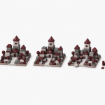 "societal collapse" — five identical small toy-block towns arranged in a row, four standing intact in varying states of order, one on the far right shown mid-collapse with blocks scattered and a small flame, clean editorial-illustration style, no text overlay.