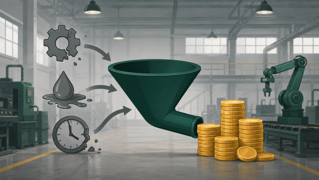 "industrial AI revenue" — a factory floor ledger illustration showing a column of faded, uncounted waste symbols on the left transforming into solid gold coin stacks on the right through a simple funnel, clean editorial-illustration style, no text overlay.