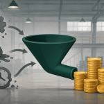 "industrial AI revenue" — a factory floor ledger illustration showing a column of faded, uncounted waste symbols on the left transforming into solid gold coin stacks on the right through a simple funnel, clean editorial-illustration style, no text overlay.