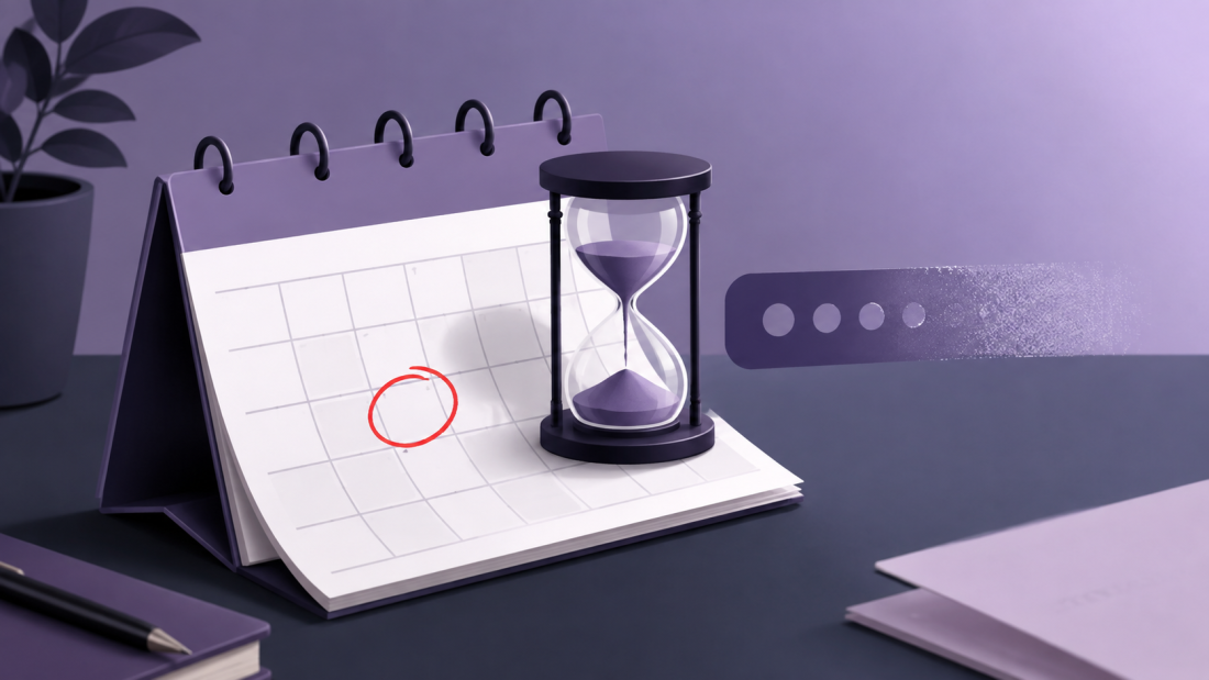 "model deprecation" — a calendar page with a single date circled in red, and a small hourglass icon sitting on top of a downward-fading version-number label, clean editorial-illustration style, no text overlay.