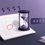 "model deprecation" — a calendar page with a single date circled in red, and a small hourglass icon sitting on top of a downward-fading version-number label, clean editorial-illustration style, no text overlay.