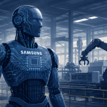 "in-house robots" — a humanoid robot silhouette on a factory floor with a translucent overlay showing a semiconductor wafer pattern running through its chest and limbs, clean editorial-illustration style, no text overlay.