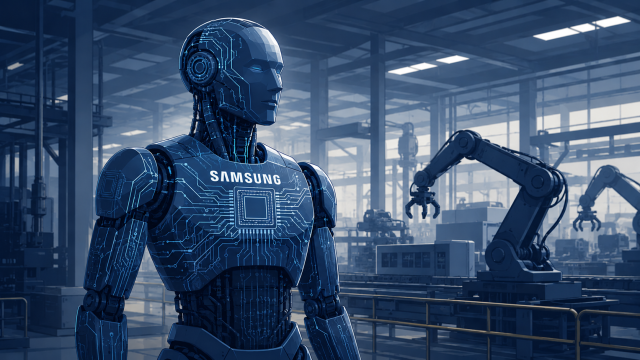 "in-house robots" — a humanoid robot silhouette on a factory floor with a translucent overlay showing a semiconductor wafer pattern running through its chest and limbs, clean editorial-illustration style, no text overlay.